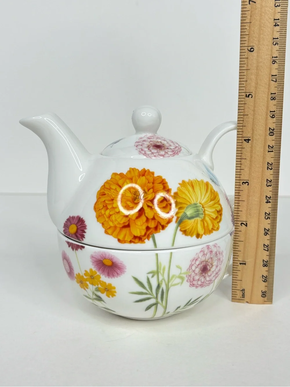 Gracie China Floral Ceramic Tea for One Set with Yellow Marigold Motif Pot & Cup